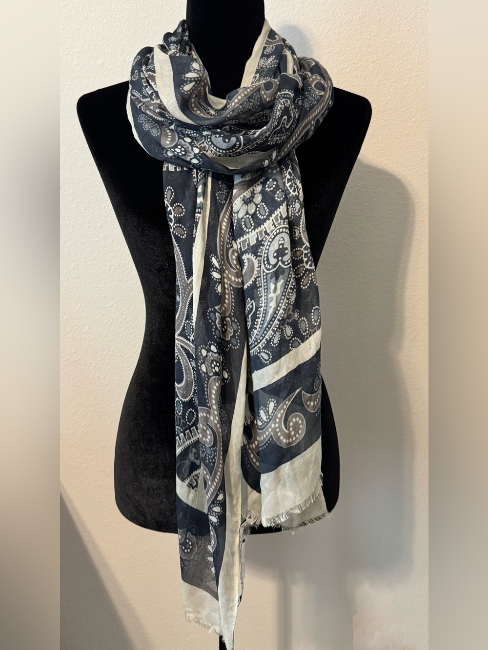 Gretchen Scott Paisley Scarf Navy Ivory Modal Lightweight Wrap Boho Chic